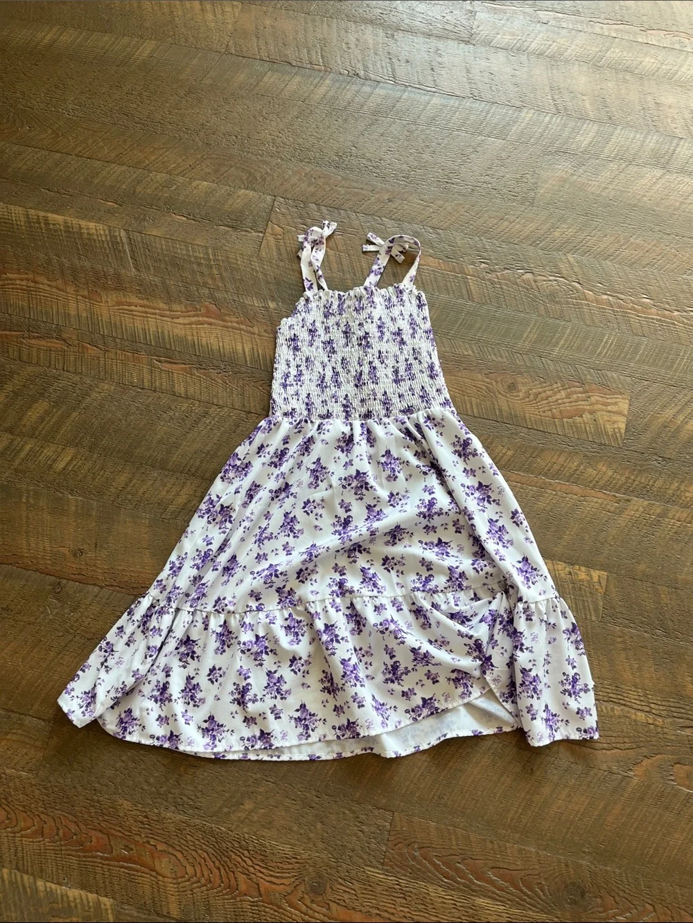 SHEIN White Dress with Purple Floral Print and Smocked Bodice